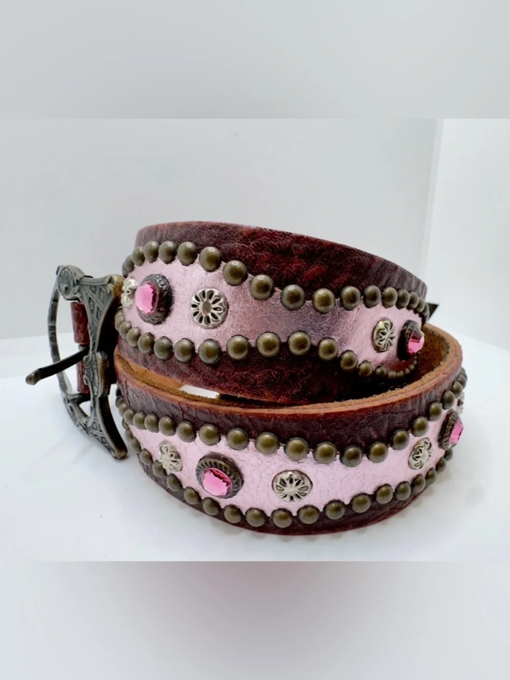 Streets Ahead Women’s Brown Studded Rhinestones Boho Belt Leather Medium